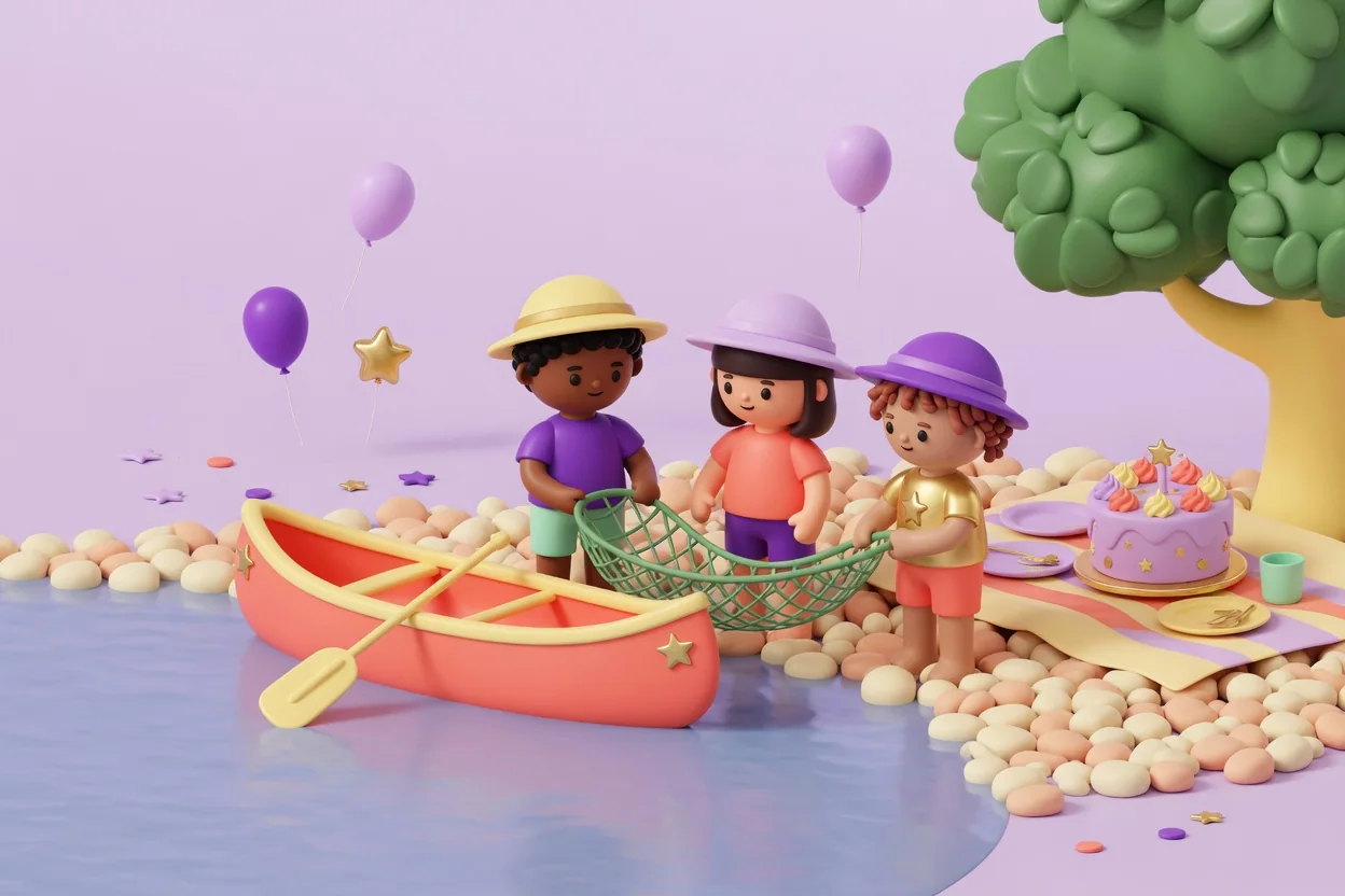 Illustration of three children in sun hats and t-shirts holding a green fishing net on a pebble lakeshore beside a coral canoe with a paddle resting in the calm water, with a striped picnic blanket, a lilac birthday cake and a leafy green tree to the right.