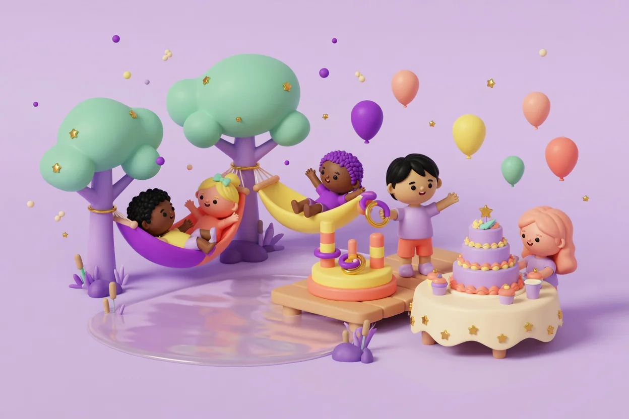 Illustration of children lounging in purple and yellow hammocks strung between mint-green clay trees beside a small pond, with a ring-toss game on a wooden deck and a tiered lilac birthday cake on a cream star-print table.
