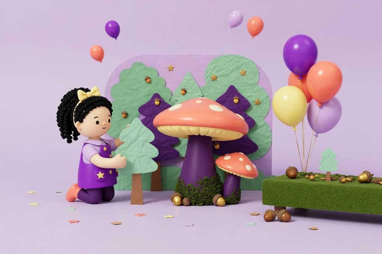 Illustration of a girl setting up a woodland party backdrop of paper trees with giant coral toadstool centerpieces, a cluster of purple, coral and yellow balloons, and a moss-covered table scattered with acorns.