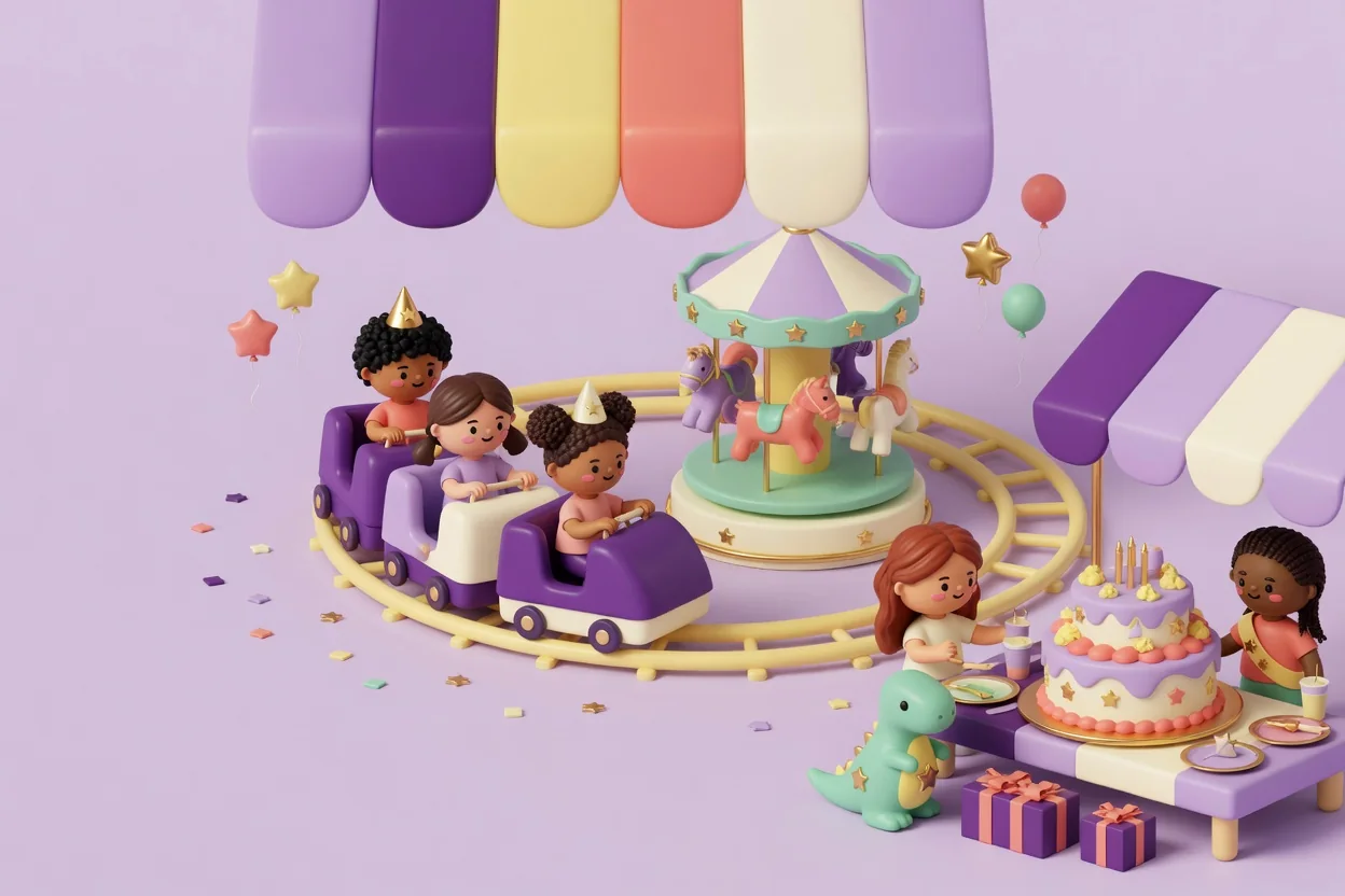 Illustration of children in party hats riding a small purple kiddie coaster around a carousel, with a tiered birthday cake and gifts on a table under a striped purple-and-cream canopy.