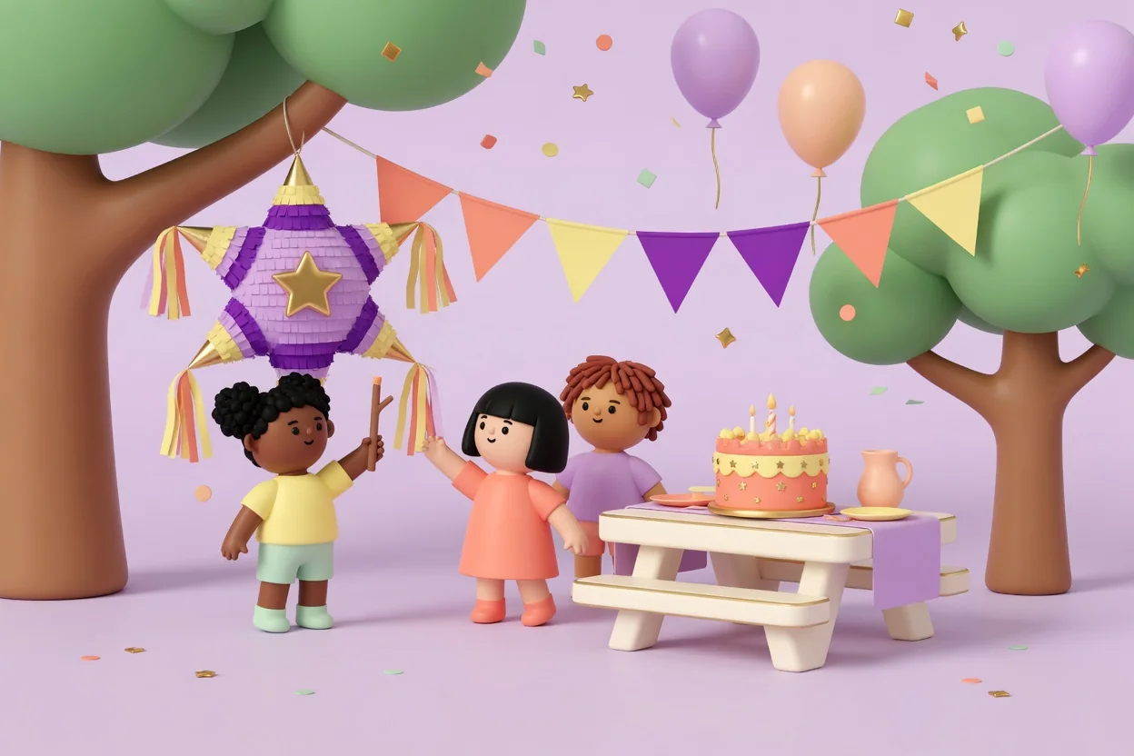 Illustration of children taking turns at a purple star piñata hanging from a tree in a park, with colorful paper bunting between the trees and a coral birthday cake on a picnic table.