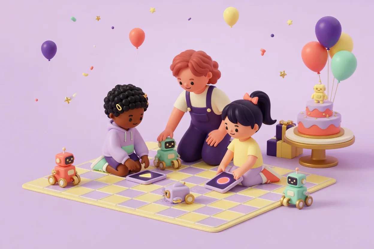 Illustration of two children and a kneeling adult helper steering small rolling robots across a checkered grid mat with tablets, next to a tiered birthday cake topped with a little robot and a bunch of balloons.