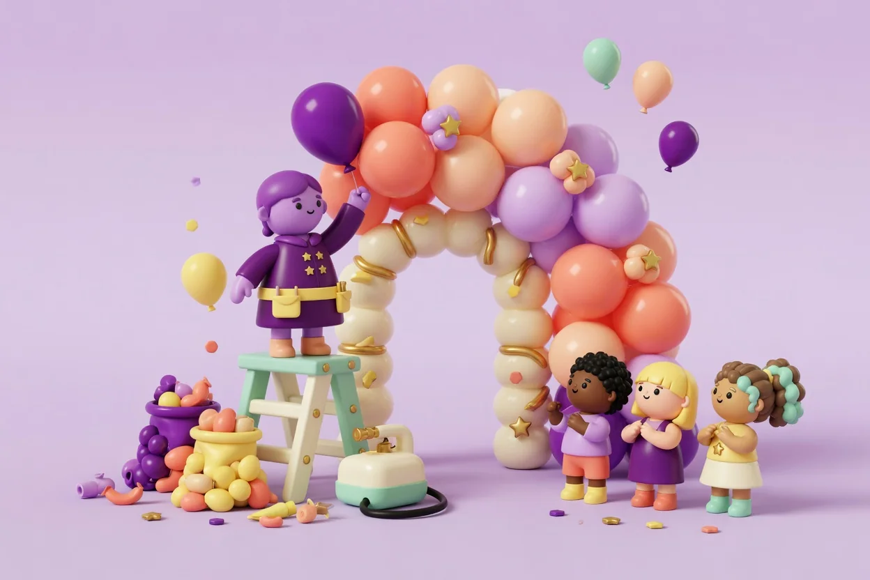 Illustration of a balloon artist on a short step ladder building a big purple, coral and cream balloon arch, with buckets of balloons and an electric inflator at the base and three children watching in awe.