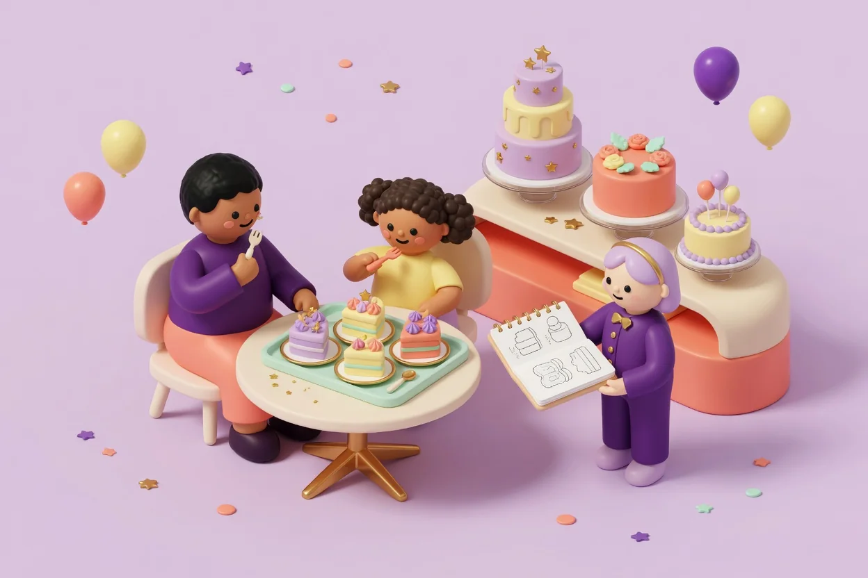 Illustration of a parent and child sampling small cake slices from a tasting tray at a café table while a cake designer shows a sketchbook of cake drawings, with tiered display cakes on a counter behind.