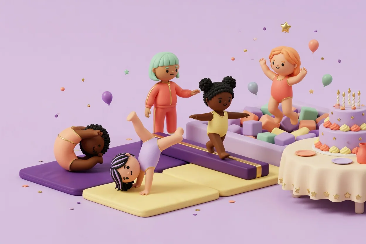 Illustration of a gymnastics birthday party with children rolling and cartwheeling on purple and yellow mats, one walking a low balance beam beside a coach, another leaping toward a foam-block pit, and a frosted cake on a side table.