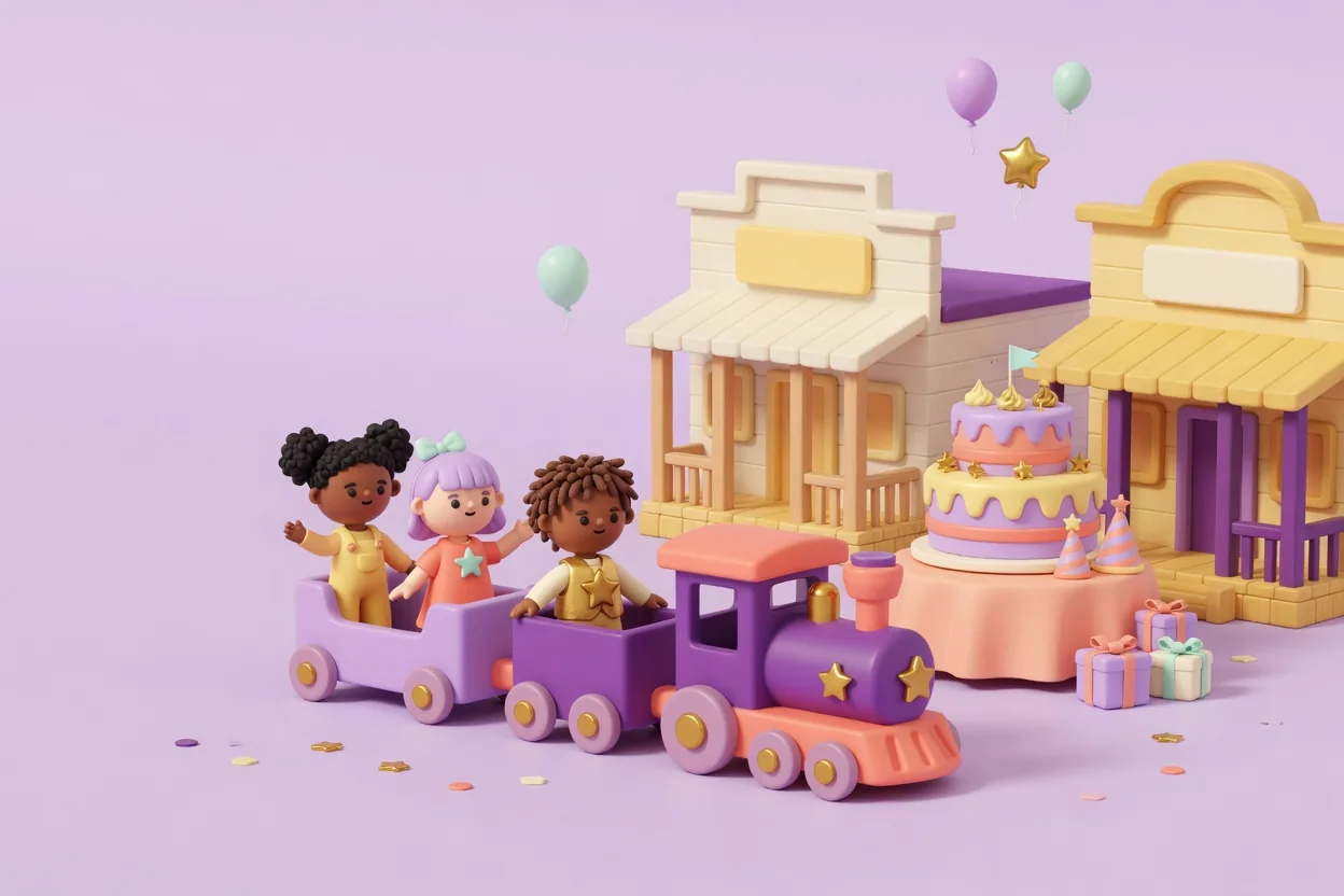 Illustration of children riding a small open purple toy train past wooden old-west storefronts with blank signboards, with a tiered birthday cake and wrapped gifts by the porch.