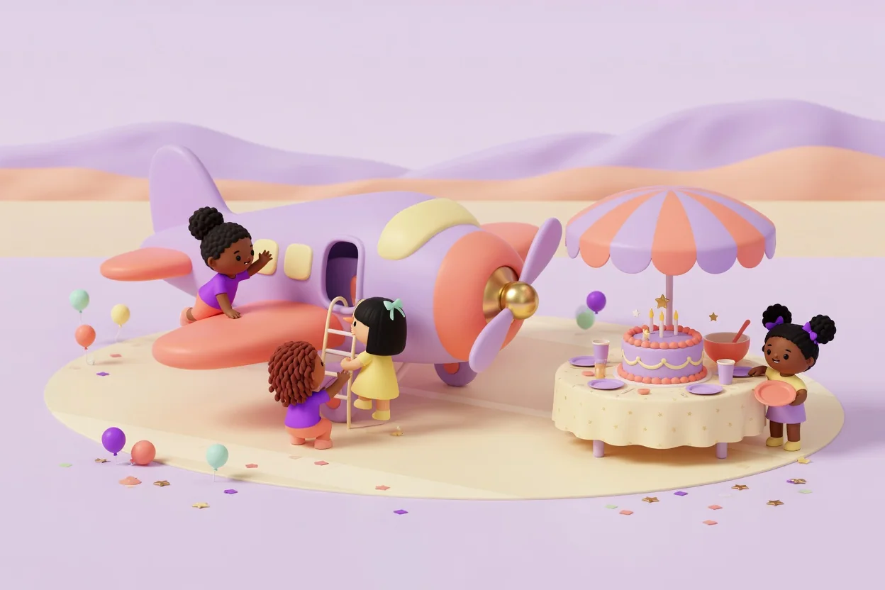 Illustration of children climbing on a big friendly lilac-and-coral vintage propeller plane on the tarmac, with a birthday cake under a striped shade umbrella and soft desert hills in the distance.