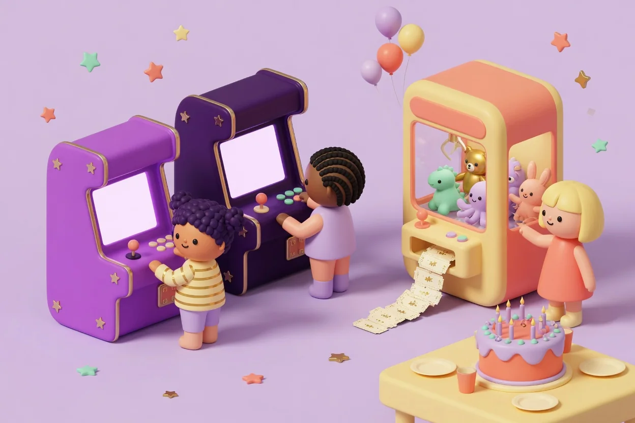 Illustration of children playing at purple arcade cabinets with blank glowing screens beside a claw machine full of plush toys spilling a stream of prize tickets, with a candle-topped birthday cake on a party table.