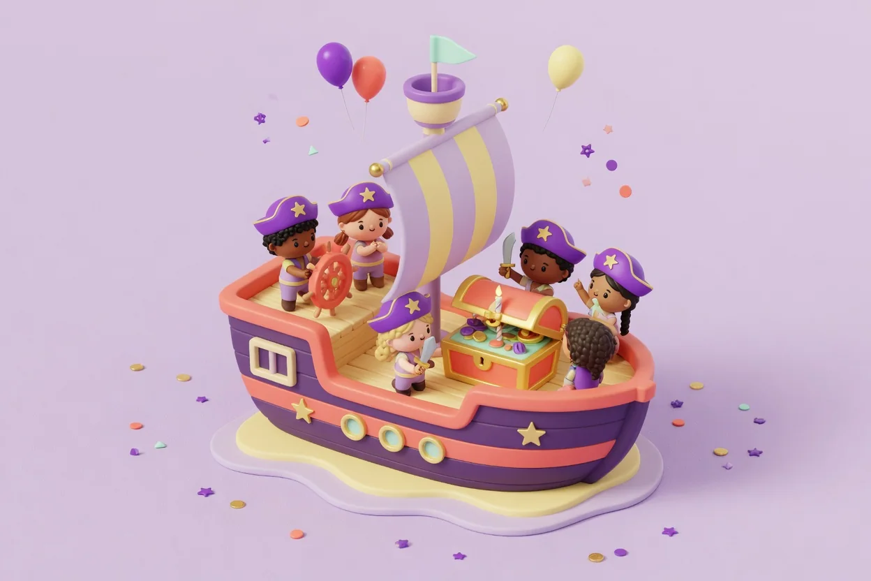 Illustration of children in purple pirate hats on the deck of a purple-and-coral toy pirate ship, one at the ship's wheel, around a treasure-chest cake beneath a striped lilac-and-yellow sail.