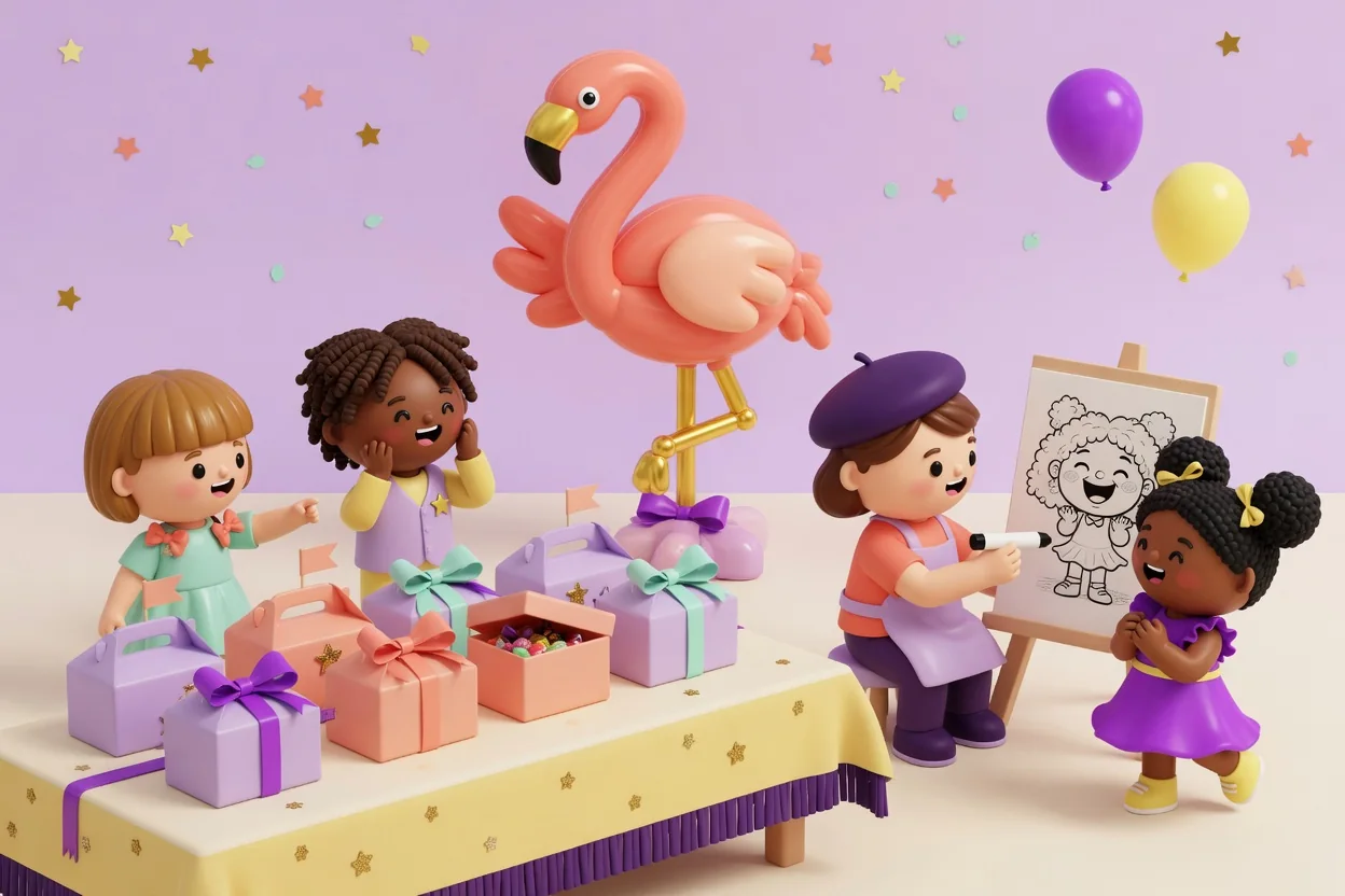 Illustration of a party with a big coral balloon flamingo above a table of ribboned treat boxes, children laughing nearby and a caricature artist in a purple beret sketching a giggling girl at an easel.