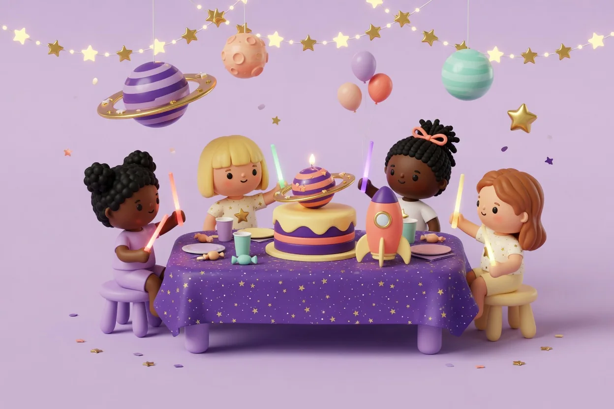 Illustration of four children holding glow sticks around a starry purple tablecloth with a ringed-planet cake and a toy rocket, under hanging planet lanterns and a glowing gold star garland.