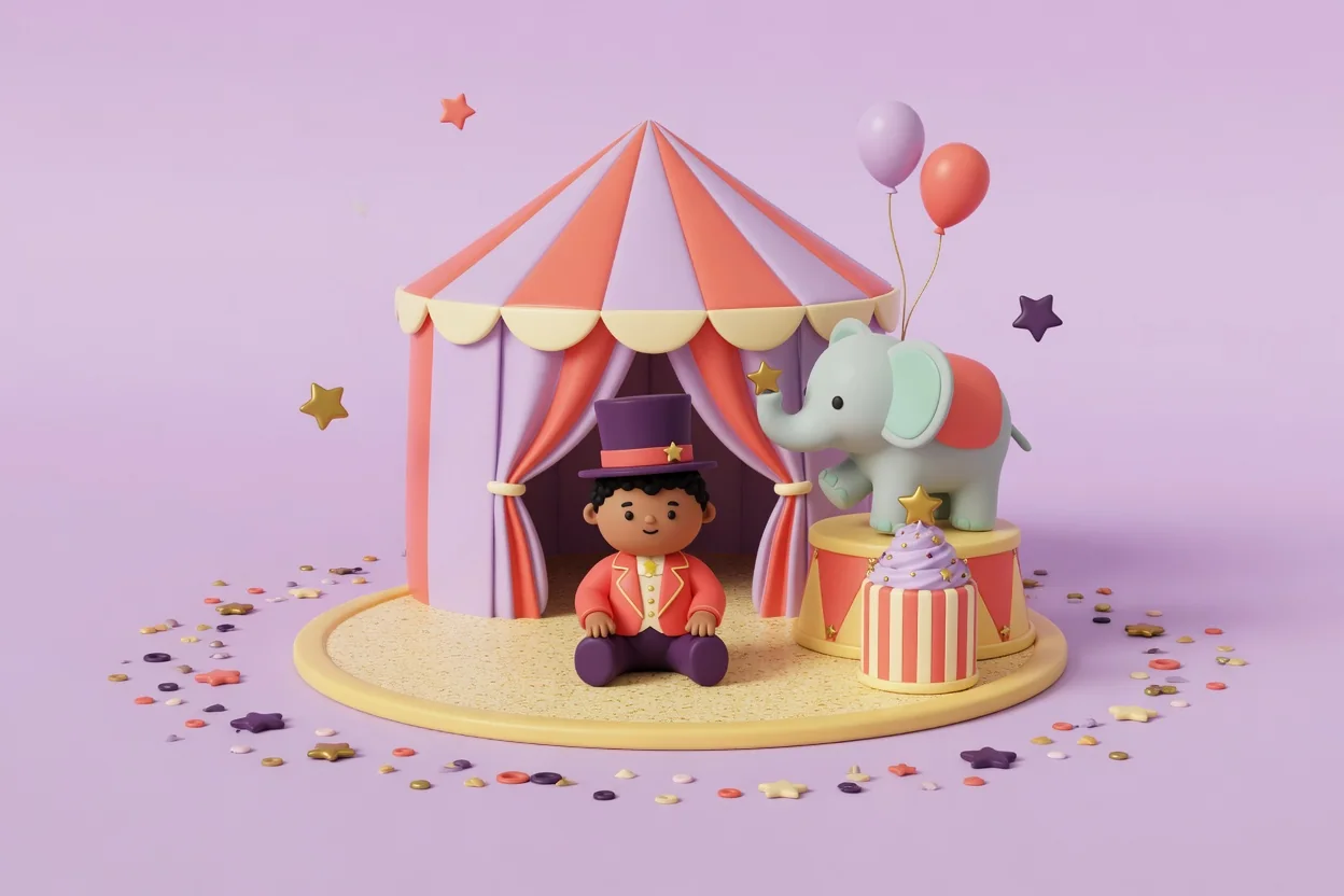 Illustration of a toddler ringmaster in a purple top hat and coral tailcoat sitting in a small round circus ring in front of a striped big-top tent with open curtains, beside a mint elephant balancing on a drum and a striped cake.