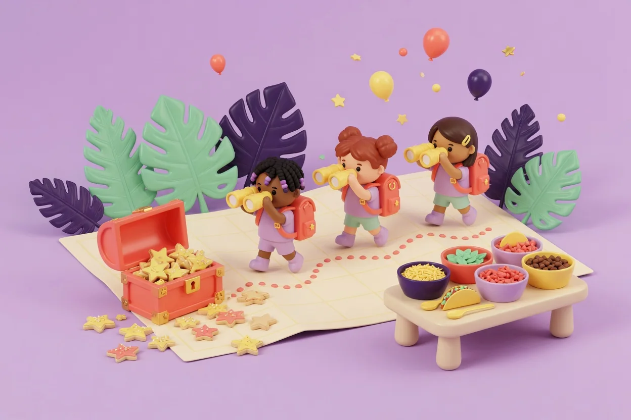 Illustration of three children with coral backpacks looking through toy binoculars as they follow a dotted path across a big map among jungle leaves, toward an open treasure chest of star cookies, with a taco bar table beside them.