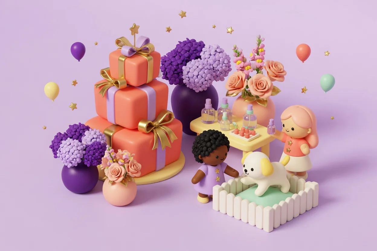 Illustration of a chic party with a cake made of stacked coral gift boxes tied with gold and lilac ribbons, vases of purple hydrangeas, roses and snapdragons, a perfume table of glass bottles and two children petting a white puppy in a little picket pen.