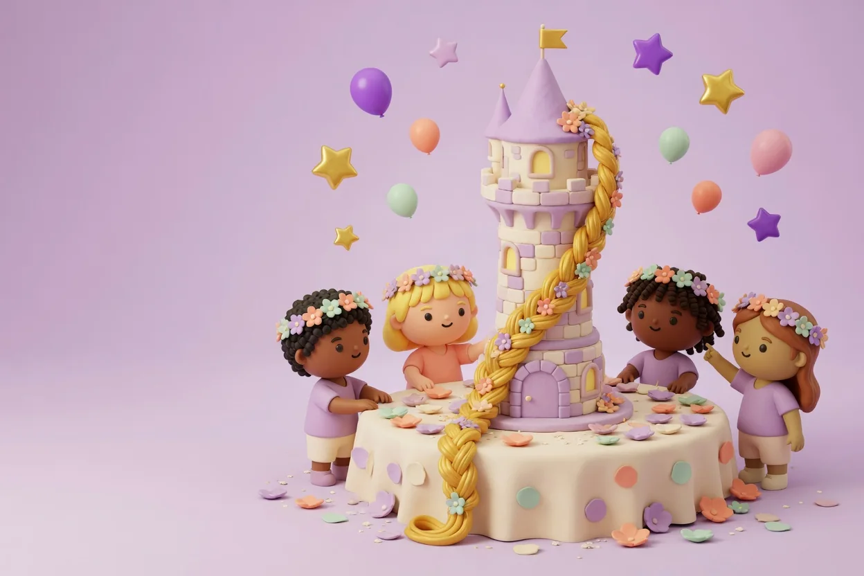Illustration of a fairytale stone-tower cake with a long golden braid woven with flowers trailing down its side, and four children in flower crowns gathered around the petal-strewn table.