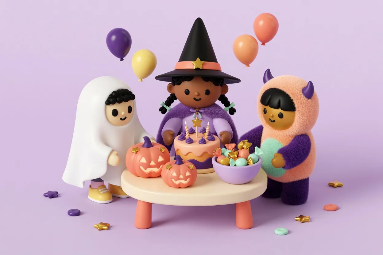 Illustration of three children dressed as a sheet ghost, a witch and a fuzzy horned monster around a small table with smiling jack-o'-lanterns, a birthday cake and a bowl of wrapped candy.