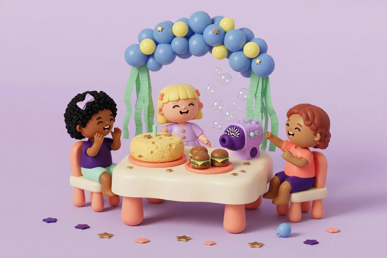 Illustration of three laughing children at a party table with a round sea-sponge cake, mini burger sliders and a bubble machine blowing bubbles, under a blue and yellow balloon arch hung with green seaweed streamers.