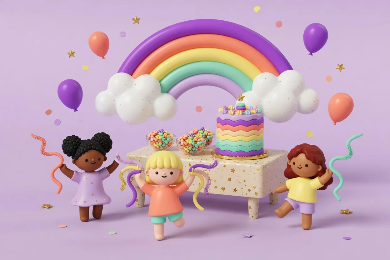 Illustration of three children dancing with sparkly streamers in front of a rainbow balloon arch with fluffy white clouds, over a glittery table with a rainbow layer cake and bowls of rainbow popcorn.