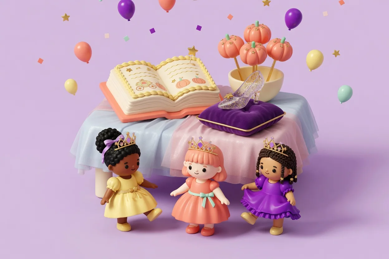 Illustration of three children in tiaras and party dresses curtsying beside a table draped in pale blue and pink tulle, holding an open storybook cake, a sparkly glass slipper on a purple velvet cushion and pumpkin cake pops.
