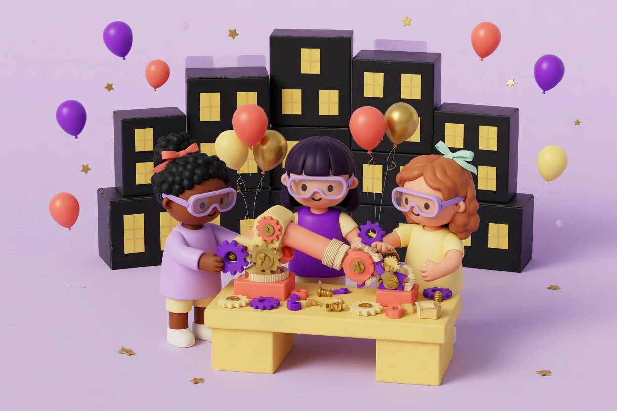 Illustration of three children in lilac safety goggles building a cardboard robot arm from gears and tubes at a yellow workbench, with a backdrop of stacked black boxes painted with yellow windows like a toy city and coral, purple and gold balloons.
