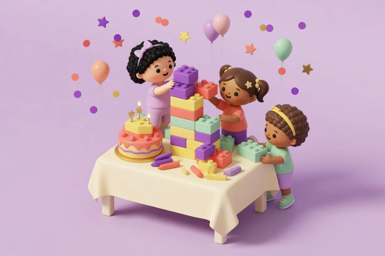 Illustration of three children stacking a tall tower of big purple, coral, yellow and mint plastic building bricks on a cream party table, next to a layered birthday cake topped with a brick and lit candles and scattered brick-shaped crayons.