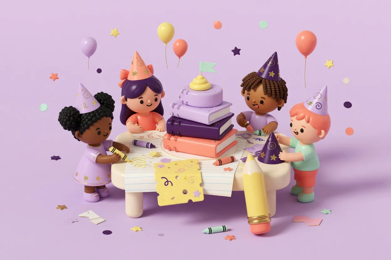 Illustration of four children in doodled party hats around a table covered in lined notebook paper, with a cake shaped like a stack of notebooks, a yellow cheese-slice card, crayons and a giant yellow toy pencil.