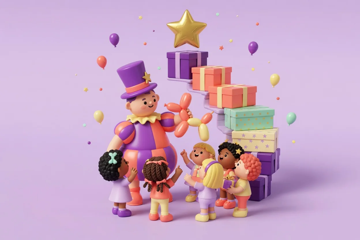 Illustration of a party entertainer in a purple top hat and striped purple-and-coral costume twisting a coral balloon dog for a group of excited children, beside a spiral staircase of stacked gift boxes rising to a big gold star.