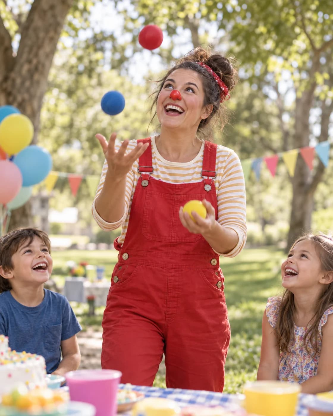 Una payasa hace malabares con pelotas de colores para dos niños