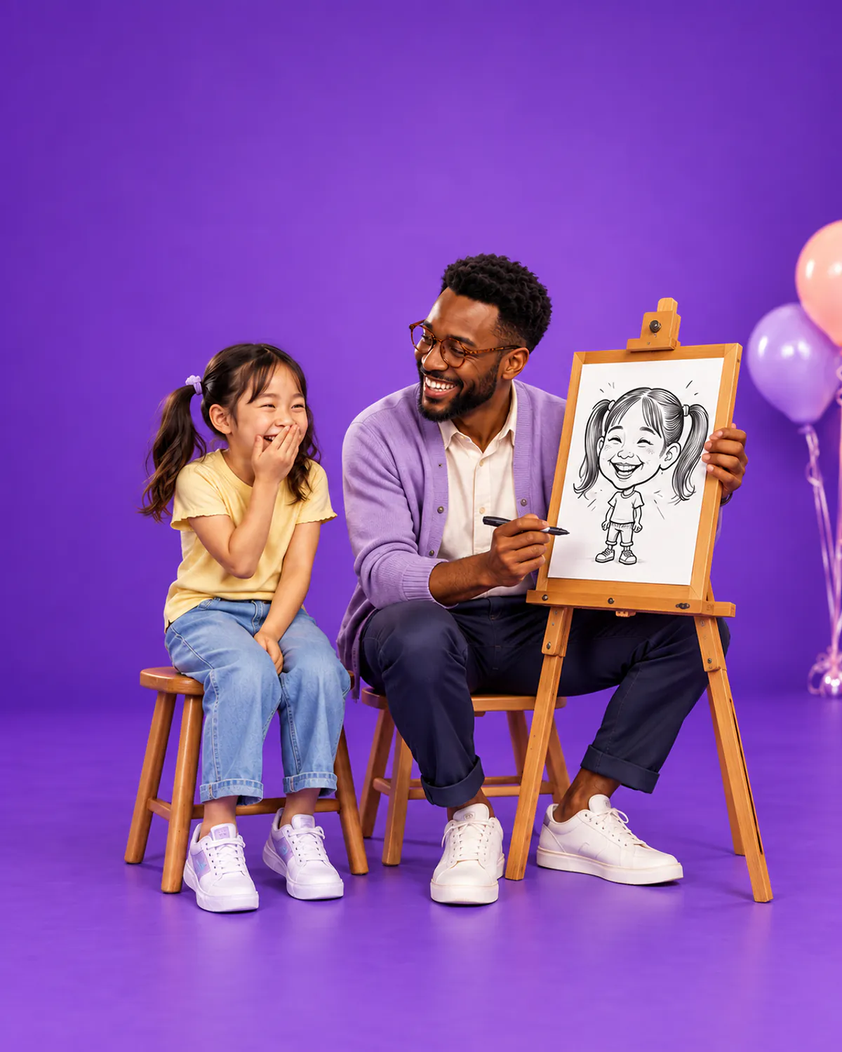 A caricature artist revealing a cartoon portrait to a laughing girl