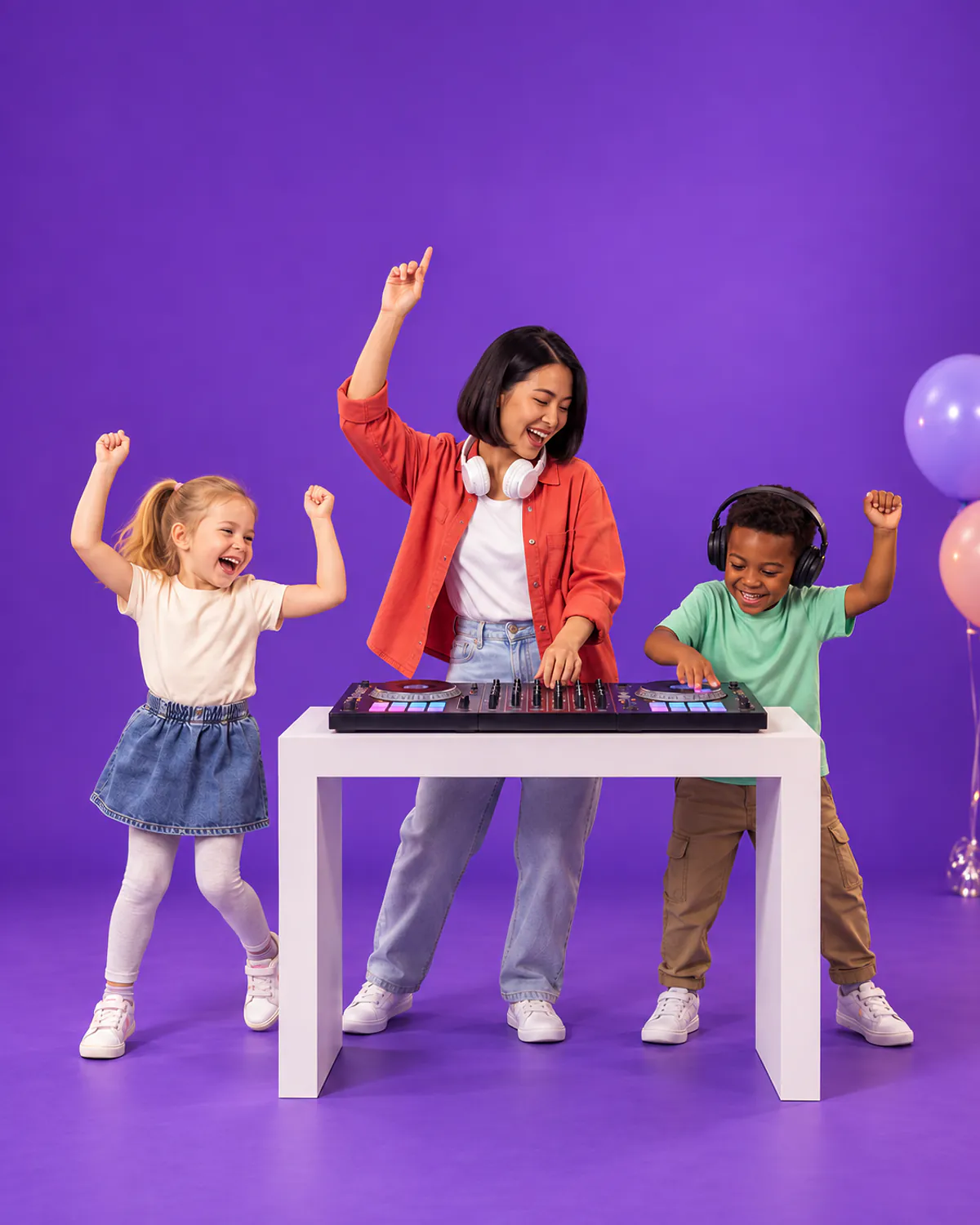 A party DJ at her decks with two children dancing