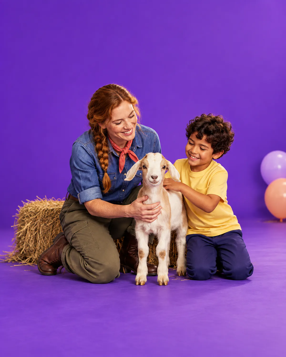 An animal handler and a smiling boy petting a baby goat