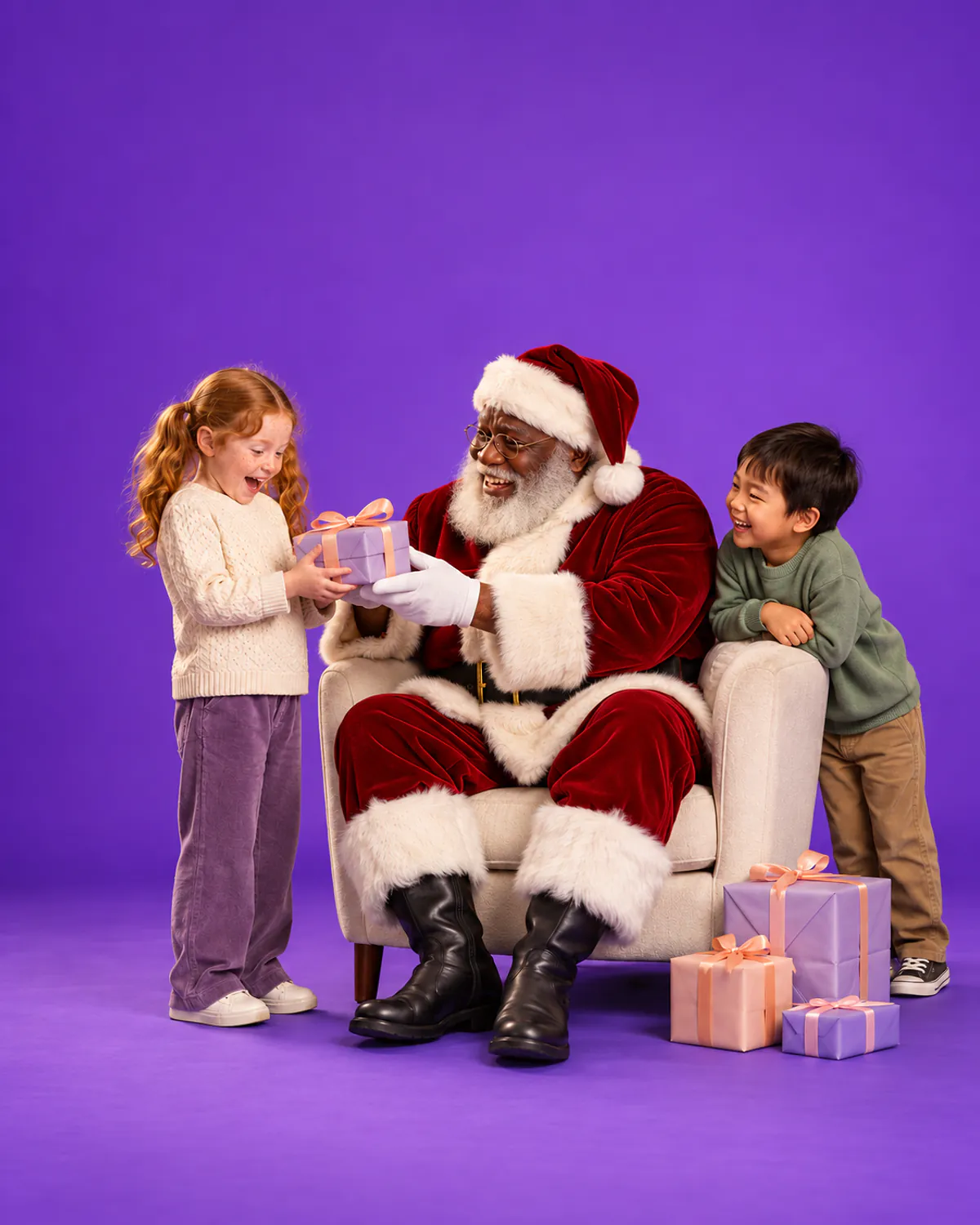 Santa handing a wrapped gift to a delighted girl in his armchair