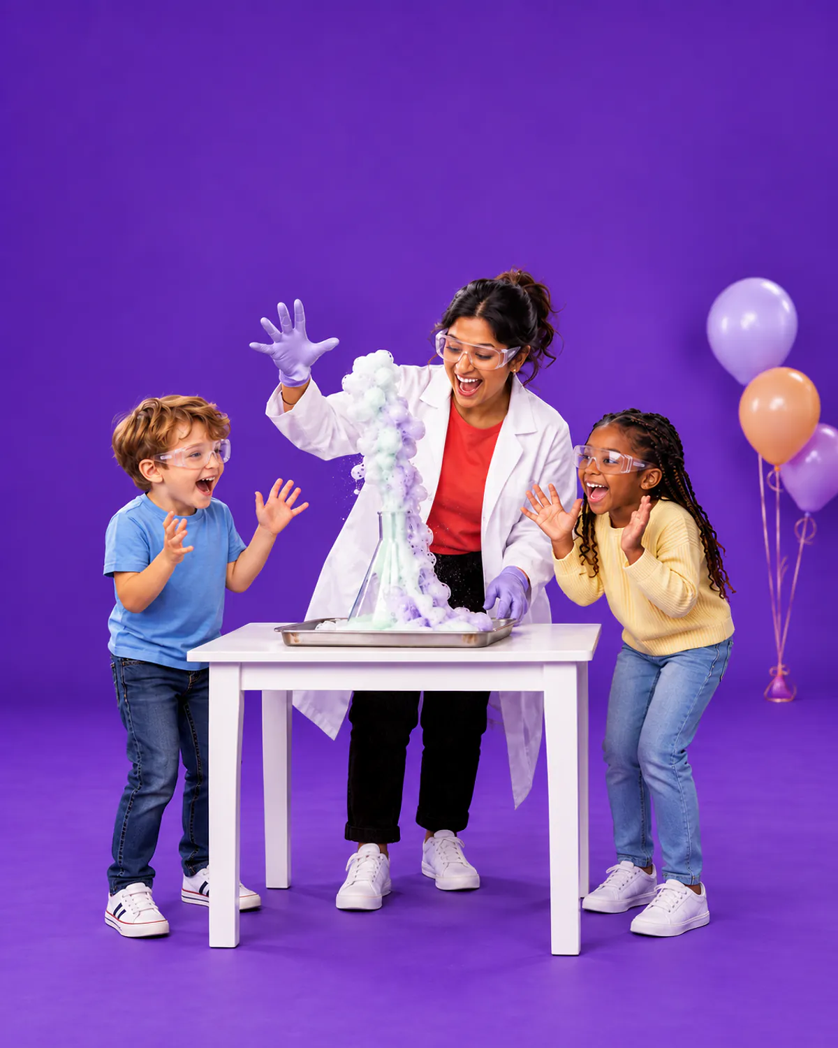 A science host and two children in goggles watching a foam eruption