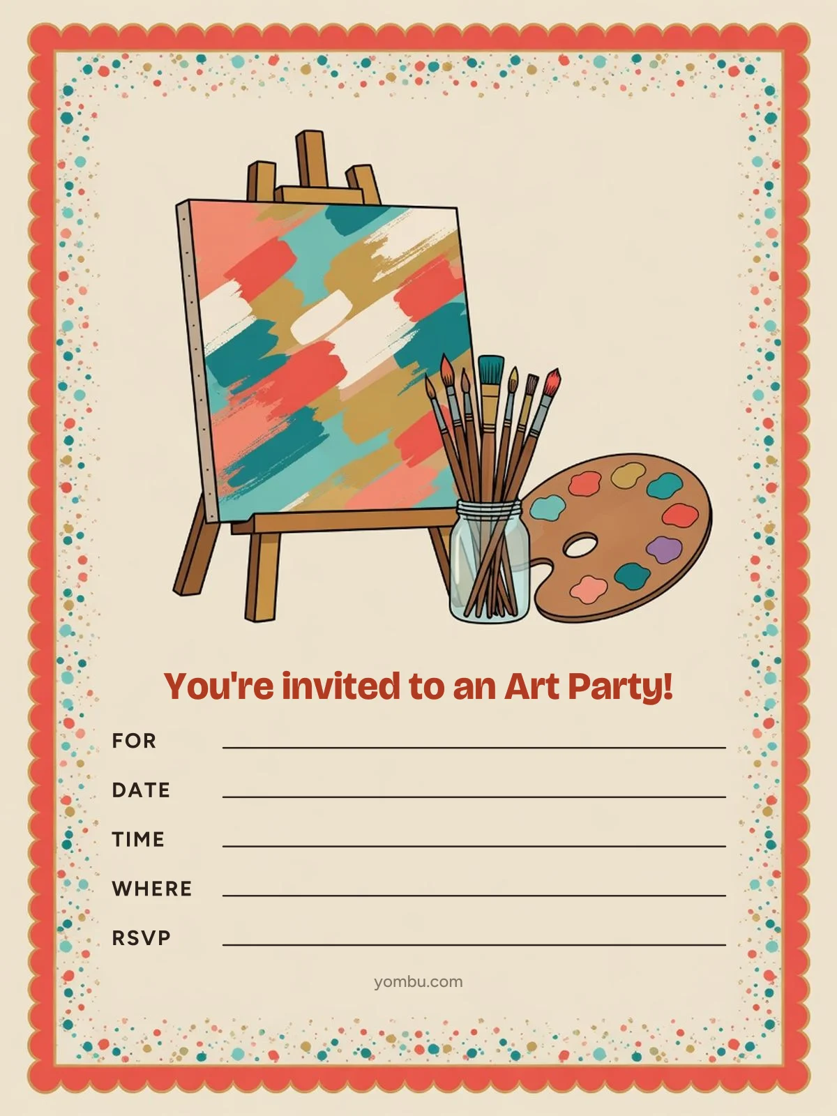 Printable art party invitation card with a painted palette, dripping paintbrush and blank lines for the date, time and address