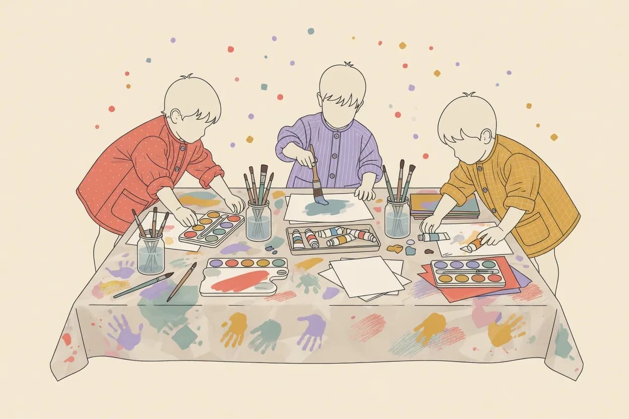Illustration of a kids' art party table covered in butcher paper with paint palettes, brushes in jars and children in oversized button-down shirts used as smocks