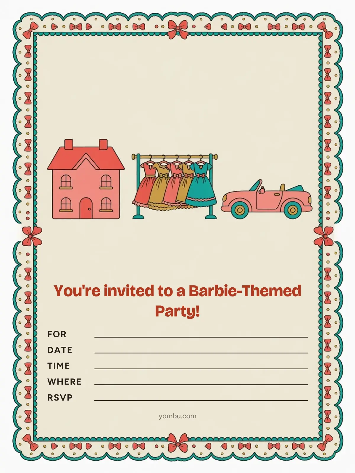 Printable pink glam party invitation card with a sparkly border, a small convertible car illustration and blank lines for the date, time and address