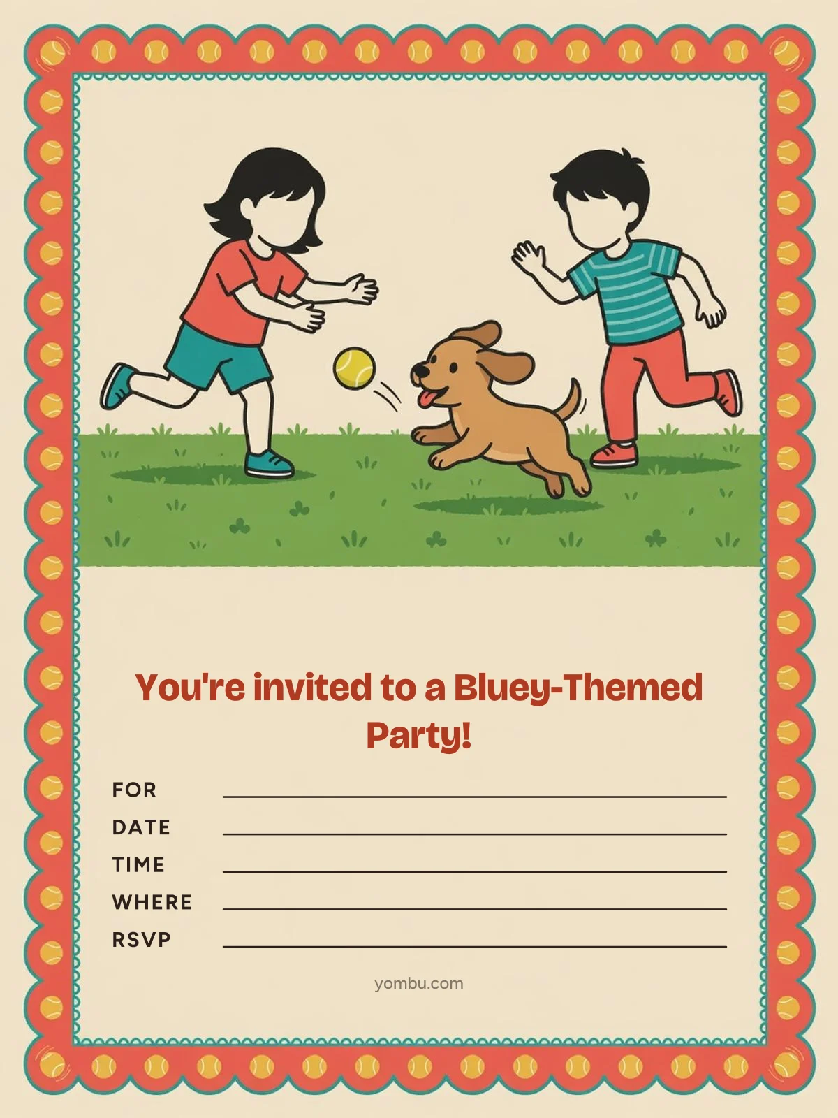 Printable puppy-family party invitation card with a paw-print border, a blue and orange color scheme and blank lines for the date, time and address