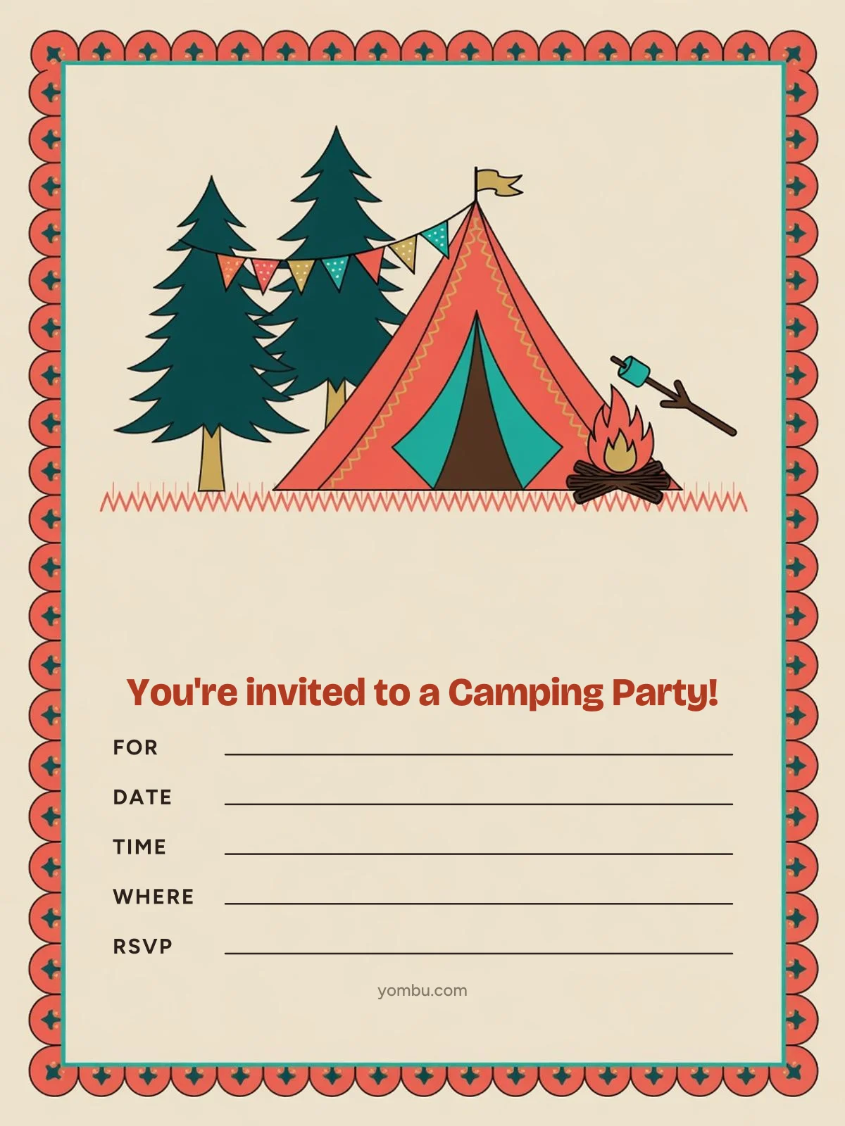 Printable camping party invitation card with a bedsheet tent, string lights and a cardboard campfire illustration, with blank lines for the date, time and address