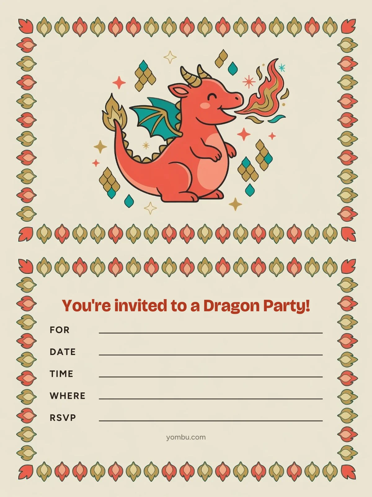 Printable dragon party invitation card with a cardboard castle, a green dragon peeking over the battlements, and blank lines for the date, time and address