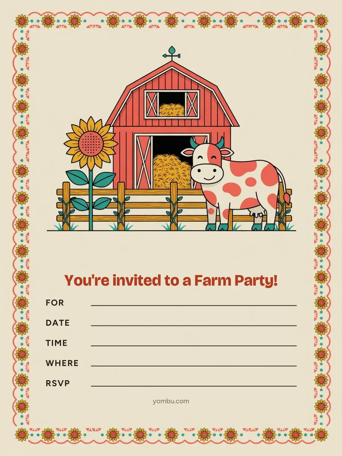 Printable farm party invitation card with a red barn, a cow and chickens, and blank lines for the date, time and address