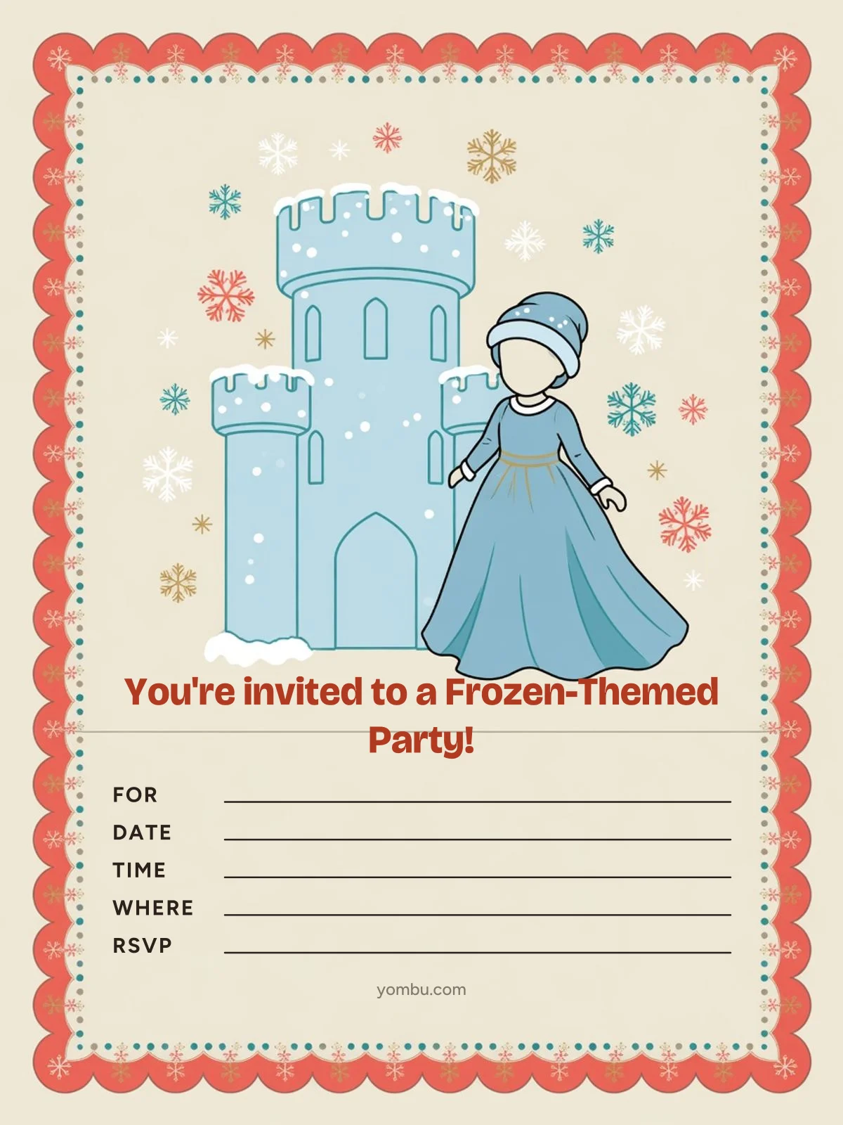 Printable ice-princess party invitation card with a snowflake border, a silver and blue color scheme, and blank lines for the date, time and address