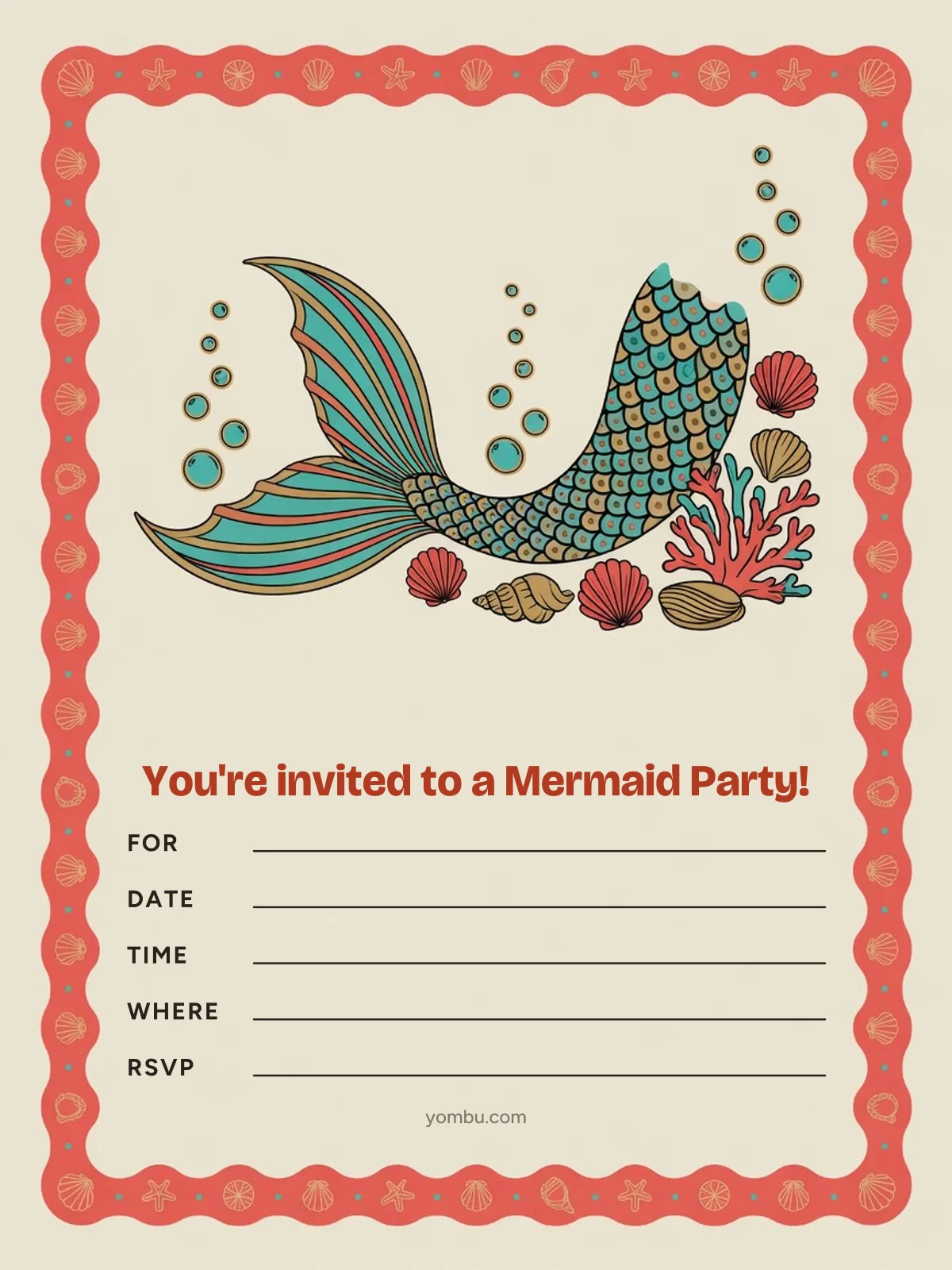 Printable mermaid party invitation card with a shimmering fabric-textured tail, a string of shells and paper coral, and blank lines for the date, time and address