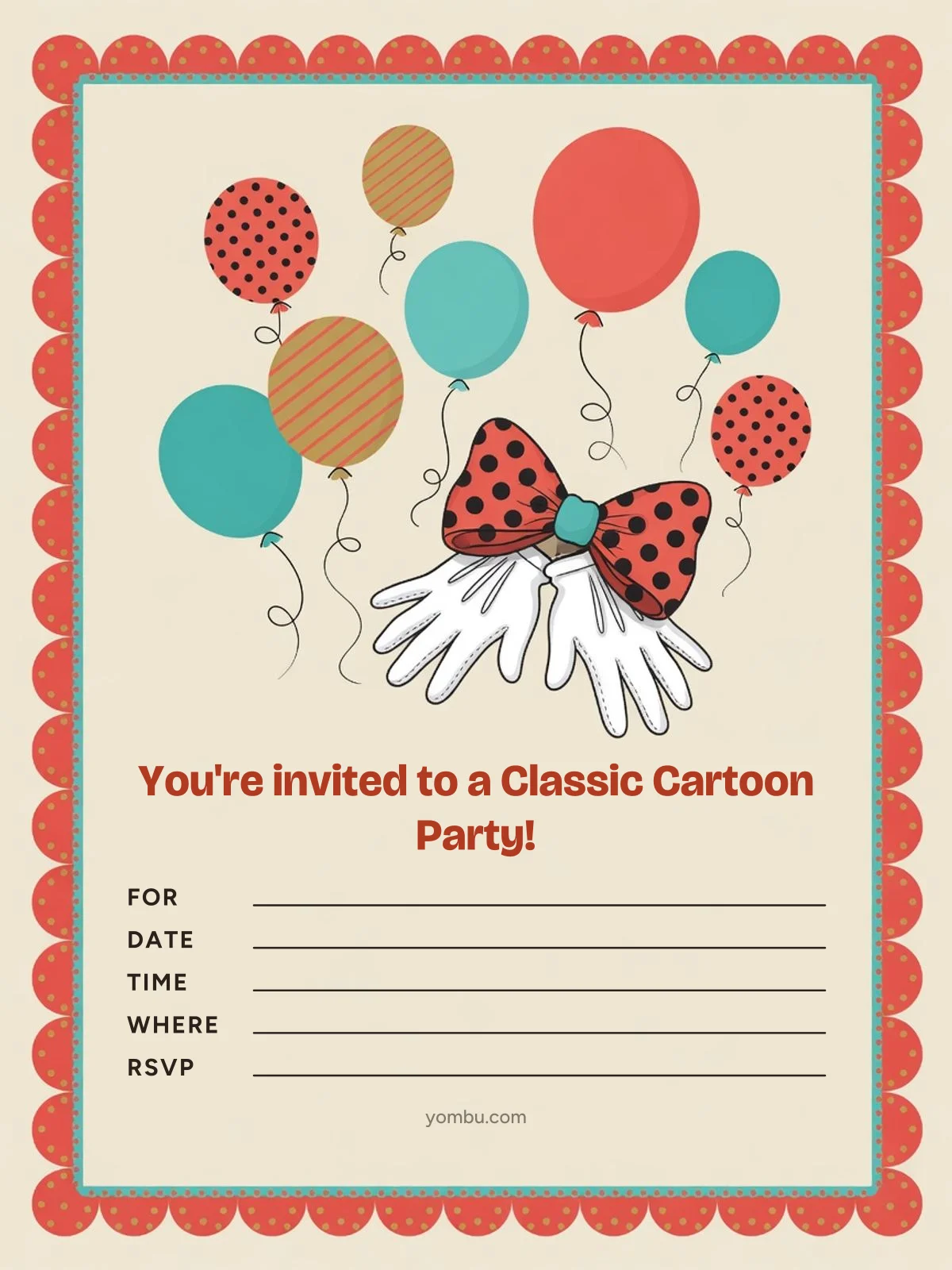 Printable clubhouse party invitation card with a red-black-and-yellow polka-dot border, a two-circle ear-shape motif and blank lines for the date, time and address