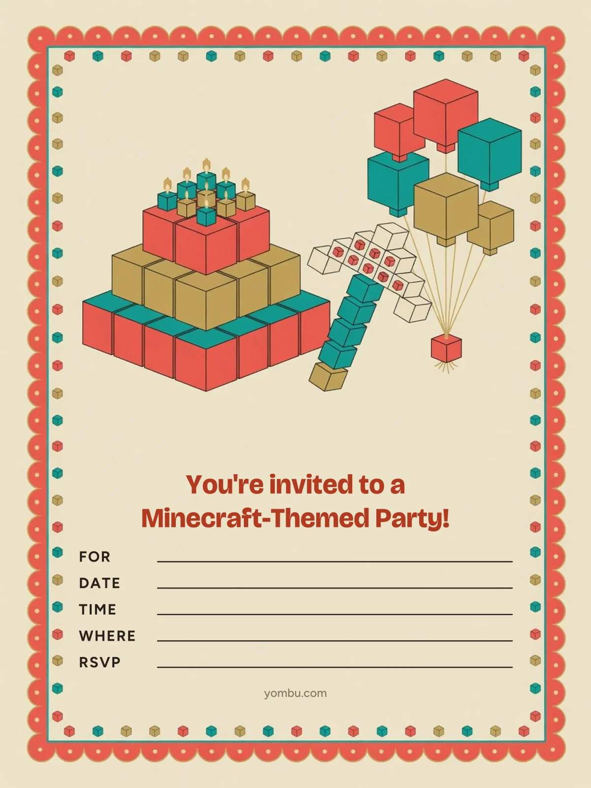 Printable blocky pixel-art party invitation card with a gray-and-green cube border and blank lines for the date, time and address