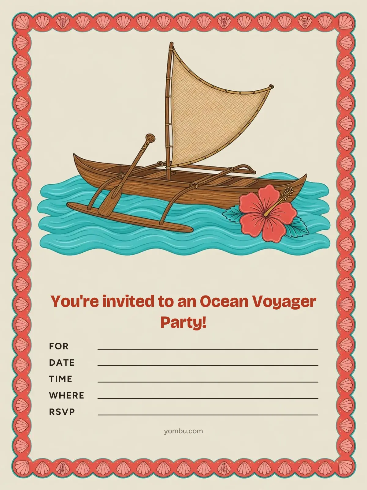 Printable island-voyager party invitation card with a turquoise and coral color scheme, a paper canoe motif and blank lines for the date, time and address