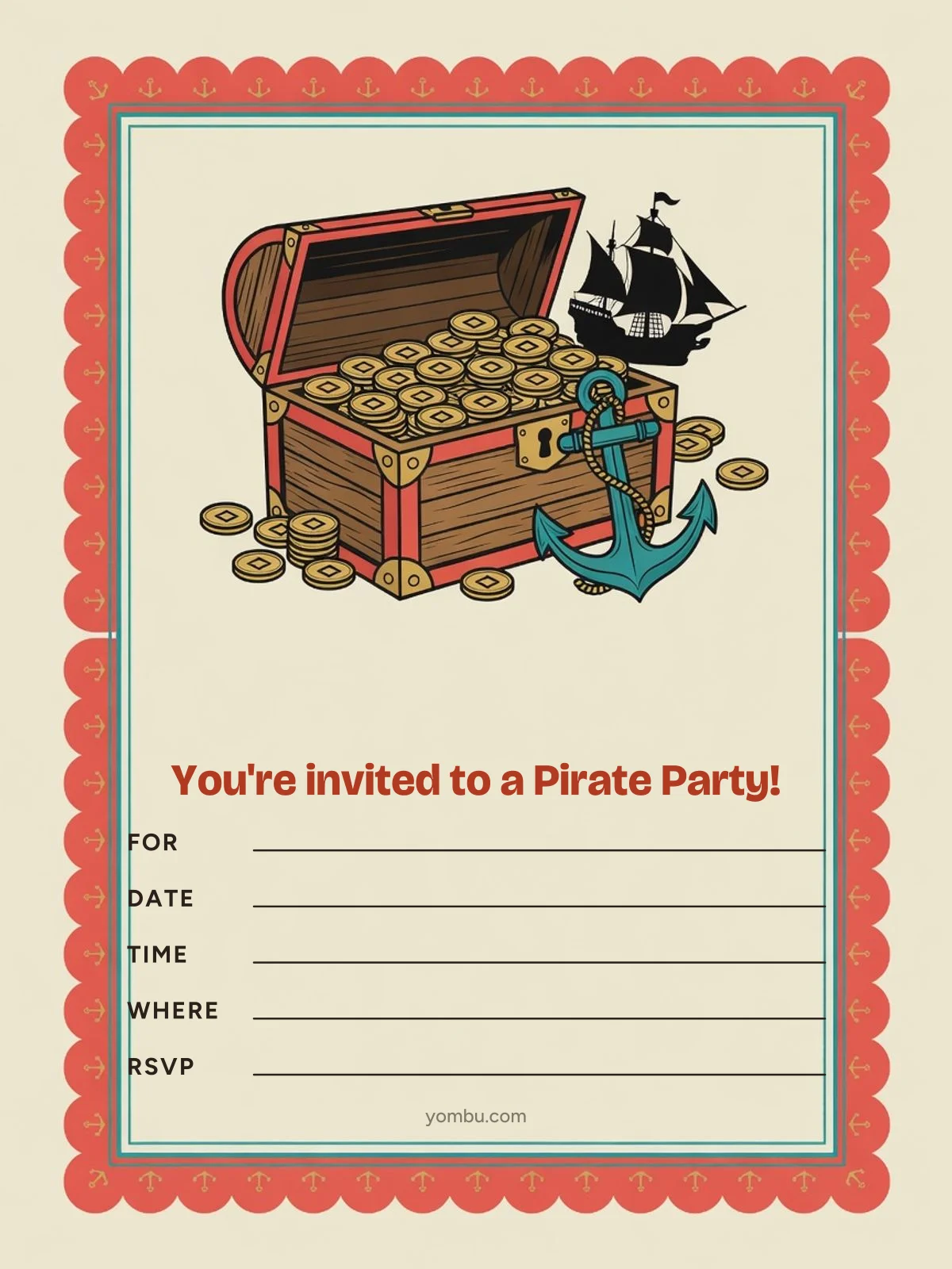 Printable pirate party invitation card styled as a tea-stained treasure map with a large X, a compass rose and a small cartoon ship, and blank lines for the date, time and address