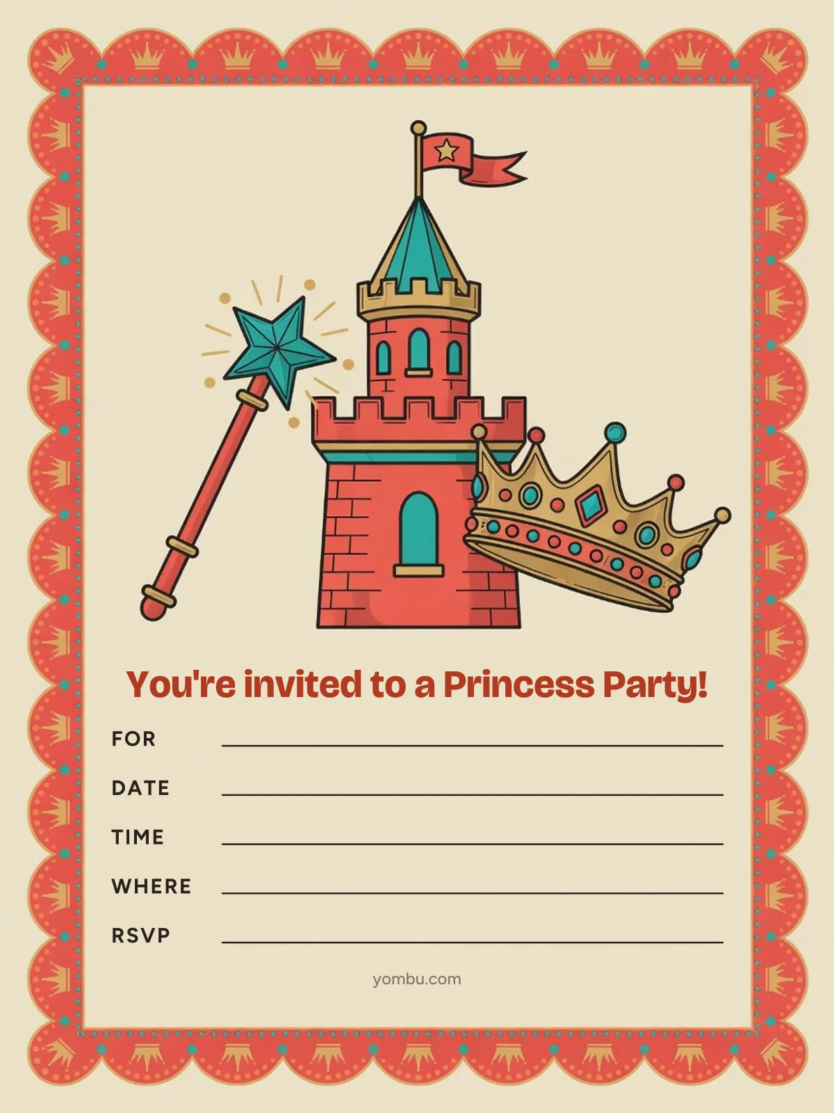 Printable princess party invitation card with a gold paper crown, a cardboard castle silhouette and pastel bunting, and blank lines for the date, time and address