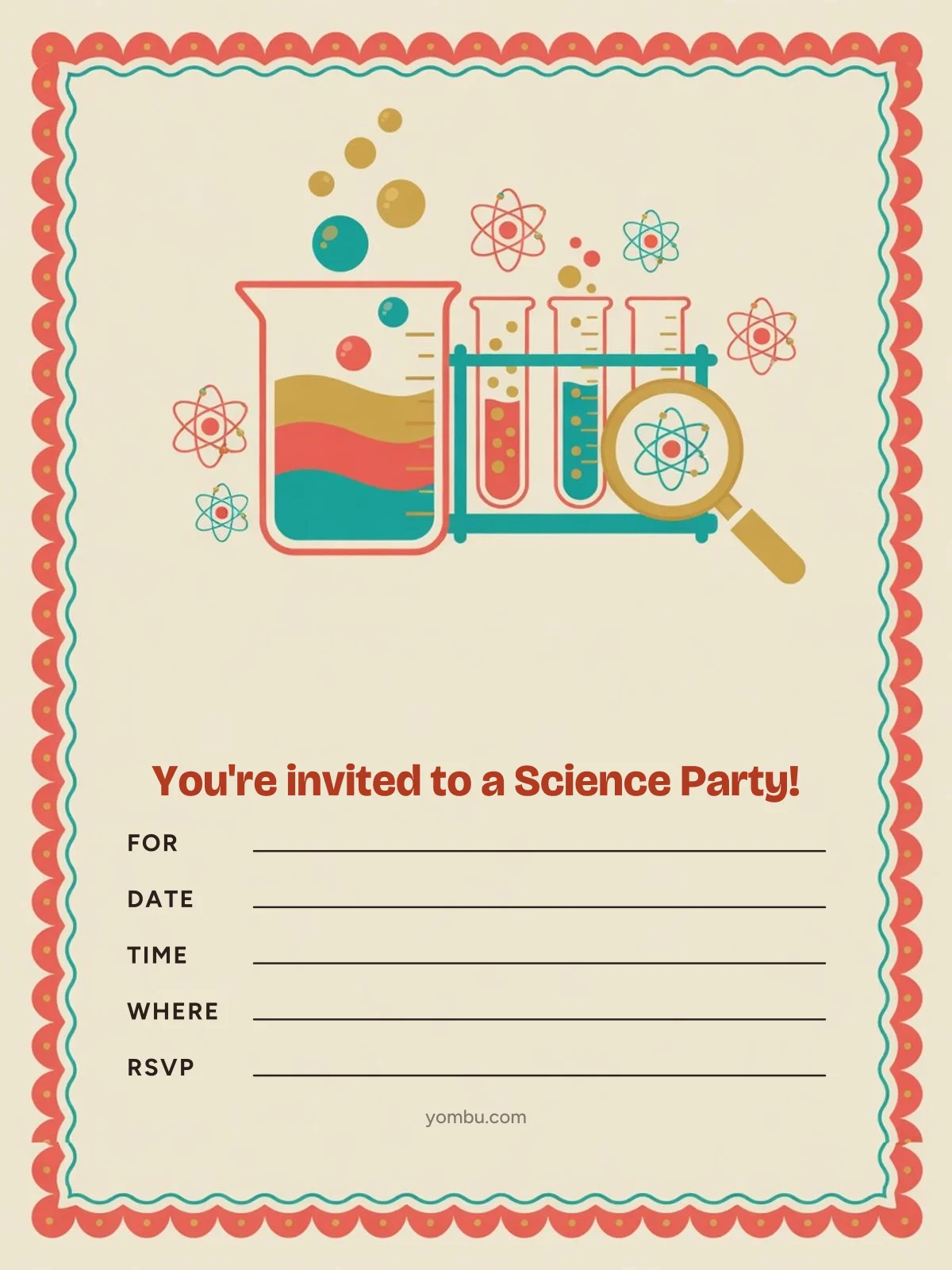 Printable mad-scientist science party invitation card with a bubbling beaker and safety goggles illustration and blank lines for the date, time and address