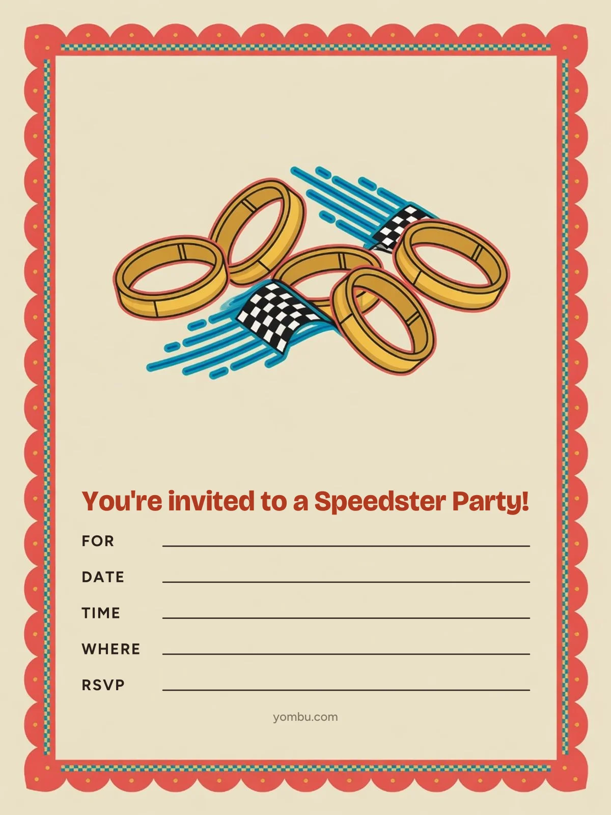 Printable video-game speedster party invitation card with a blue and gold color scheme, a checkered-flag border and blank lines for the date, time and address