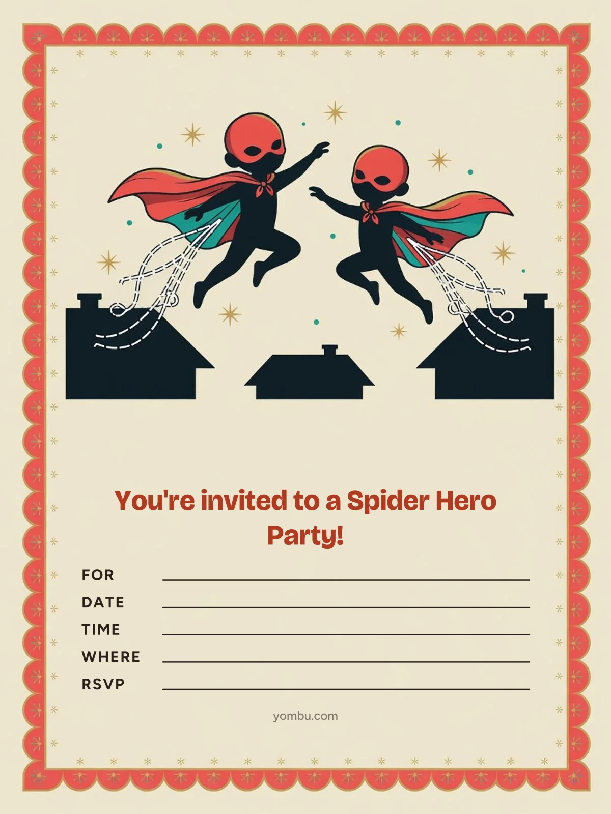 Printable superhero party invitation card with a red and blue color scheme, a simple web-pattern border, and blank lines for the date, time and address